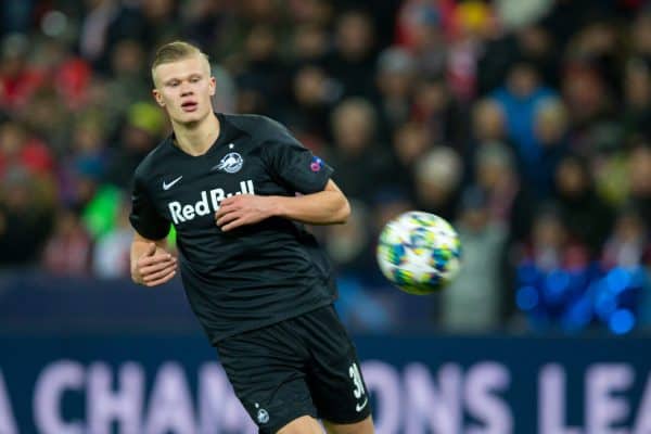 SALZBURG, AUSTRIA - Tuesday, December 10, 2019: FC Salzburg's Erling Braut Haaland during the final UEFA Champions League Group E match between FC Salzburg and Liverpool FC at the Red Bull Arena. (Pic by David Rawcliffe/Propaganda)