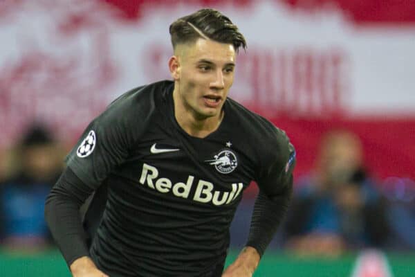 SALZBURG, AUSTRIA - Tuesday, December 10, 2019: FC Salzburg's Dominik Szoboszlai during the final UEFA Champions League Group E match between FC Salzburg and Liverpool FC at the Red Bull Arena. (Pic by David Rawcliffe/Propaganda)