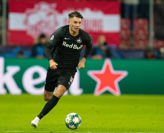 SALZBURG, AUSTRIA - Tuesday, December 10, 2019: FC Salzburg's Dominik Szoboszlai during the final UEFA Champions League Group E match between FC Salzburg and Liverpool FC at the Red Bull Arena. (Pic by David Rawcliffe/Propaganda)