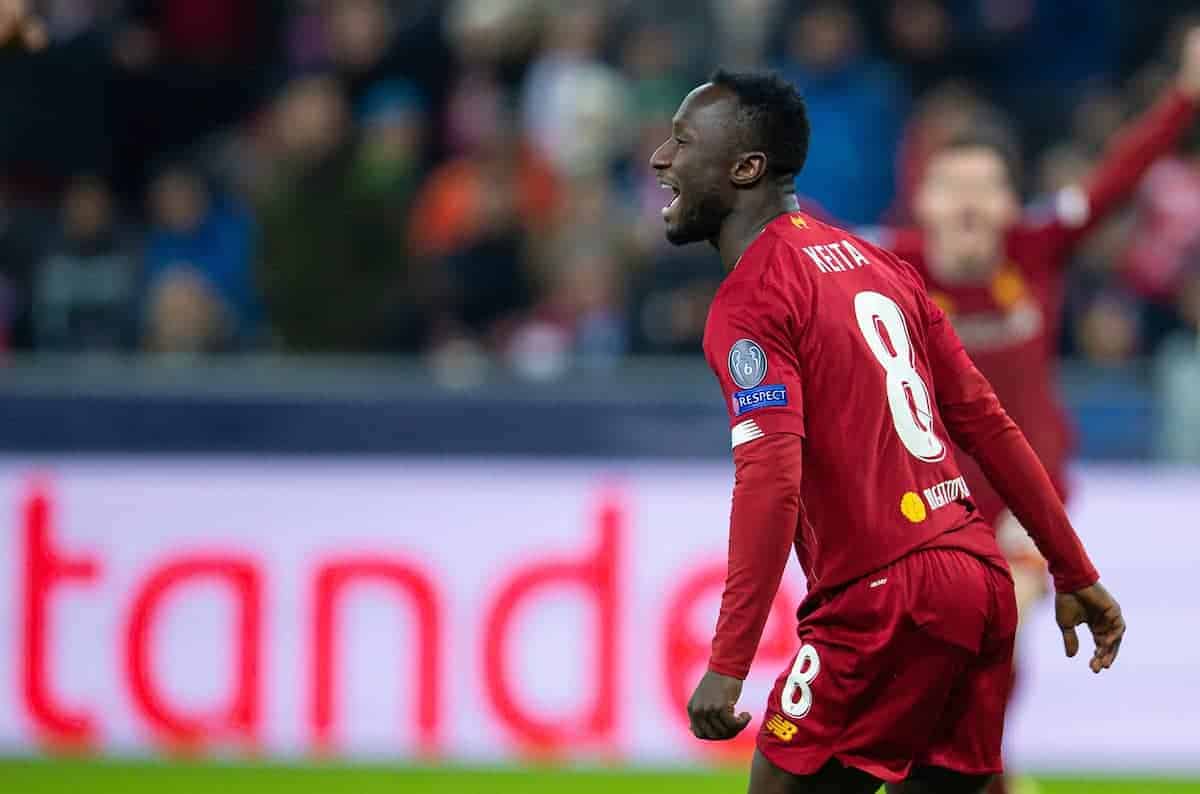 SALZBURG, AUSTRIA - Tuesday, December 10, 2019: Liverpool's Naby Keita celebrates scoring the first goal during the final UEFA Champions League Group E match between FC Salzburg and Liverpool FC at the Red Bull Arena. (Pic by David Rawcliffe/Propaganda)