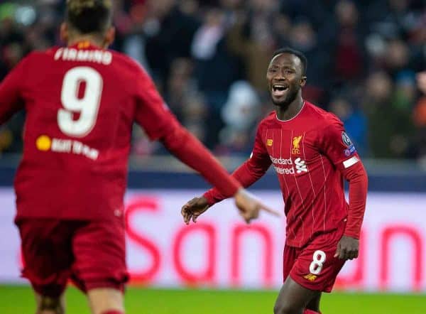 SALZBURG, AUSTRIA - Tuesday, December 10, 2019: Liverpool's Naby Keita celebrates scoring the first goal during the final UEFA Champions League Group E match between FC Salzburg and Liverpool FC at the Red Bull Arena. (Pic by David Rawcliffe/Propaganda)