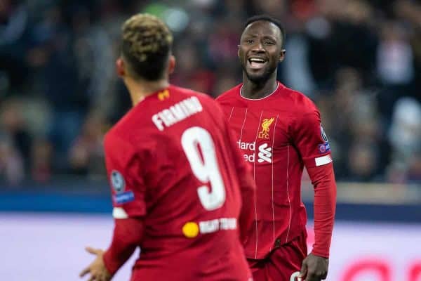 SALZBURG, AUSTRIA - Tuesday, December 10, 2019: Liverpool's Naby Keita celebrates scoring the first goal during the final UEFA Champions League Group E match between FC Salzburg and Liverpool FC at the Red Bull Arena. (Pic by David Rawcliffe/Propaganda)
