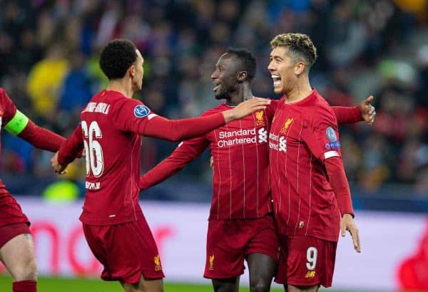 SALZBURG, AUSTRIA - Tuesday, December 10, 2019: Liverpool's Naby Keita (C) celebrates scoring the first goal with team-mates Trent Alexander-Arnold (L) and Roberto Firmino (R) during the final UEFA Champions League Group E match between FC Salzburg and Liverpool FC at the Red Bull Arena. (Pic by David Rawcliffe/Propaganda)