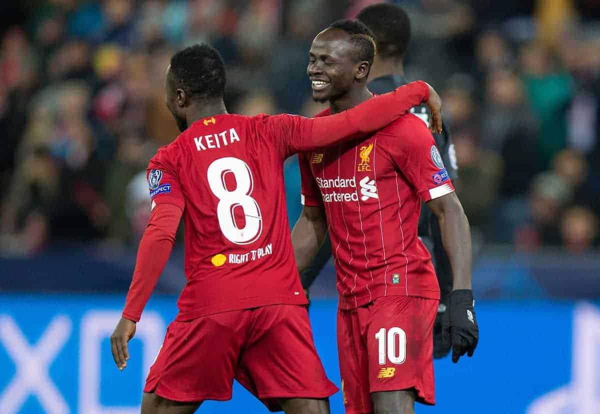 SALZBURG, AUSTRIA - Tuesday, December 10, 2019: Liverpool's Naby Keita (L) celebrates scoring the first goal with team-mate Sadio Mané during the final UEFA Champions League Group E match between FC Salzburg and Liverpool FC at the Red Bull Arena. (Pic by David Rawcliffe/Propaganda)