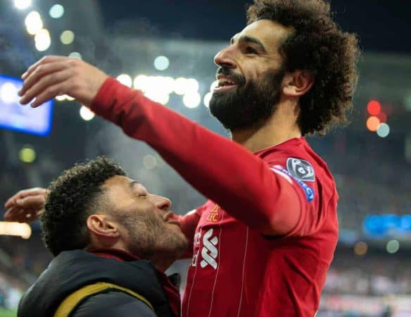 SALZBURG, AUSTRIA - Tuesday, December 10, 2019: Liverpool's Mohamed Salah celebrates scoring the second goal during the final UEFA Champions League Group E match between FC Salzburg and Liverpool FC at the Red Bull Arena. (Pic by David Rawcliffe/Propaganda)