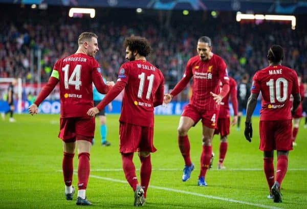 SALZBURG, AUSTRIA - Tuesday, December 10, 2019: Liverpool's Mohamed Salah (#11) celebrates scoring the second goal with team-mate captain Jordan Henderson during the final UEFA Champions League Group E match between FC Salzburg and Liverpool FC at the Red Bull Arena. (Pic by David Rawcliffe/Propaganda)