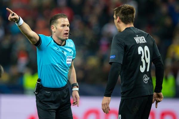 SALZBURG, AUSTRIA - Tuesday, December 10, 2019: Referee Danny Makkelie speaks with FC Salzburg's Maximilian Wöber during the final UEFA Champions League Group E match between FC Salzburg and Liverpool FC at the Red Bull Arena. (Pic by David Rawcliffe/Propaganda)