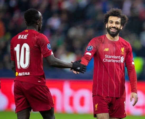 SALZBURG, AUSTRIA - Tuesday, December 10, 2019: Liverpool's Mohamed Salah is all smiles with Sadio Mané during the final UEFA Champions League Group E match between FC Salzburg and Liverpool FC at the Red Bull Arena. (Pic by David Rawcliffe/Propaganda)