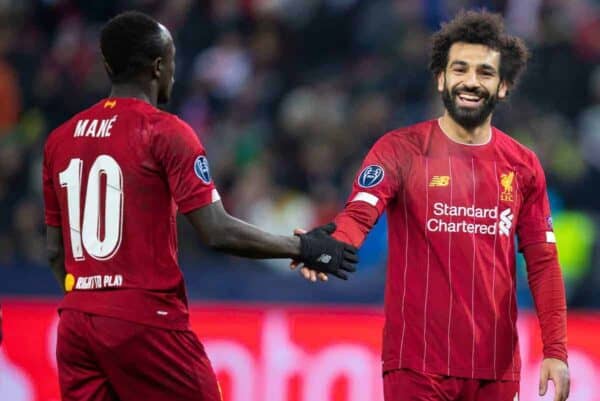 SALZBURG, AUSTRIA - Tuesday, December 10, 2019: Liverpool's Mohamed Salah is all smiles with Sadio Mané during the final UEFA Champions League Group E match between FC Salzburg and Liverpool FC at the Red Bull Arena. (Pic by David Rawcliffe/Propaganda)