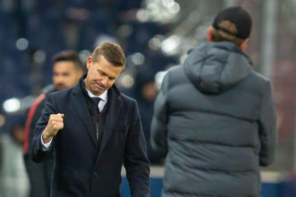 SALZBURG, AUSTRIA - Tuesday, December 10, 2019: FC Salzburg's head coach Jesse Marsch and manager Jürgen Klopp after the final UEFA Champions League Group E match between FC Salzburg and Liverpool FC at the Red Bull Arena. Liverpool won 2-0. (Pic by David Rawcliffe/Propaganda)