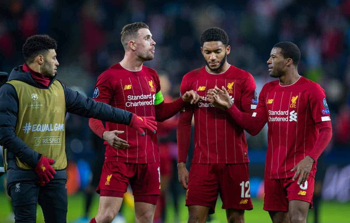 SALZBURG, AUSTRIA - Tuesday, December 10, 2019: Liverpool's Alex Oxlade-Chamberlain, captain Jordan Henderson, Joe Gomez and Georginio Wijnaldum after the final UEFA Champions League Group E match between FC Salzburg and Liverpool FC at the Red Bull Arena. Liverpool won 2-0. (Pic by David Rawcliffe/Propaganda)