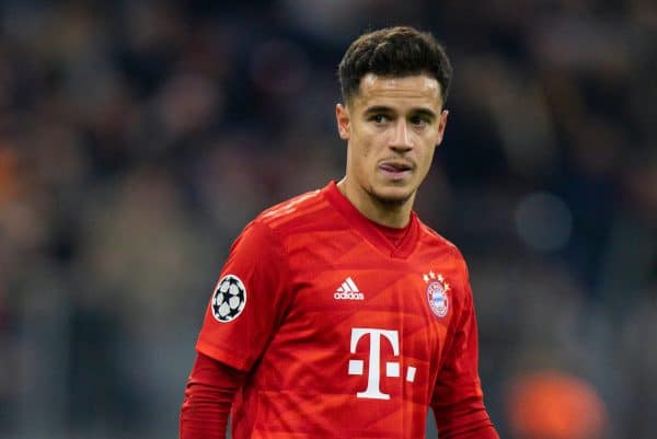 MUNICH, GERMANY - Wednesday, December 11, 2019: Bayern Munich's Philippe Coutinho Correia during the final UEFA Champions League Group B match between FC Bayern München and Tottenham Hotspur FC at the Allianz Arena. (Pic by David Rawcliffe/Propaganda)