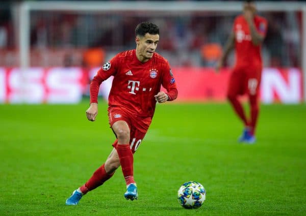 MUNICH, GERMANY - Wednesday, December 11, 2019: Bayern Munich's Philippe Coutinho Correia during the final UEFA Champions League Group B match between FC Bayern München and Tottenham Hotspur FC at the Allianz Arena. (Pic by David Rawcliffe/Propaganda)