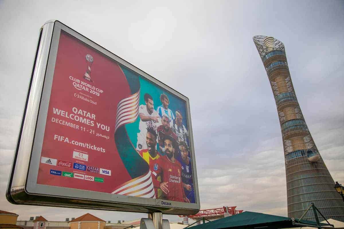 DOHA, QATAR - Friday, December 13, 2019: A billboard advertising the FIFA Club World Cup, featuring Liverpool's Mohamed Salah next to the Torch Doha Hotel in the Aspire Zone ahead of the FIFA Club World Cup Qatar 2019 in Doha. (Pic by David Rawcliffe/Propaganda)