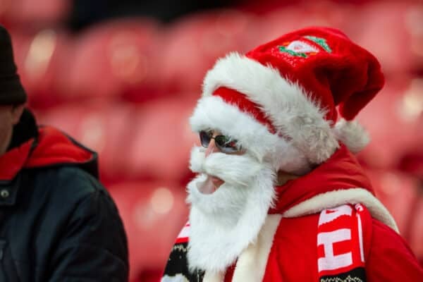 LIVERPOOL, ENGLAND - Saturday, December 14, 2019: A Liverpool supporter dressed as Father Christmas (Santa Claus) before the FA Premier League match between Liverpool FC and Watford FC at Anfield. (Pic by Richard Roberts/Propaganda)