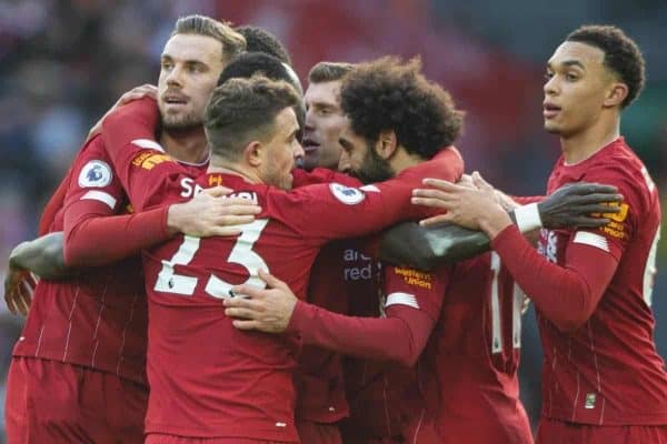 LIVERPOOL, ENGLAND - Saturday, December 14, 2019: Liverpool's Mohamed Salah (#11) celebrates scoring the first goal during the FA Premier League match between Liverpool FC and Watford FC at Anfield. (Pic by Richard Roberts/Propaganda)