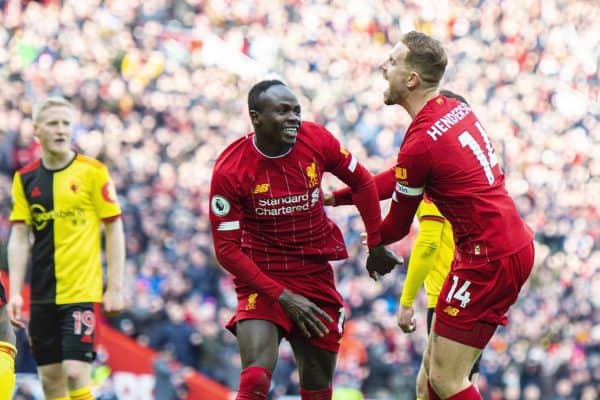 LIVERPOOL, ENGLAND - Saturday, December 14, 2019: Liverpool's Sadio Mané (L) celebrates scoring a goal with team-mate captain Jordan Henderson but it was disallowed during the FA Premier League match between Liverpool FC and Watford FC at Anfield. (Pic by Richard Roberts/Propaganda)