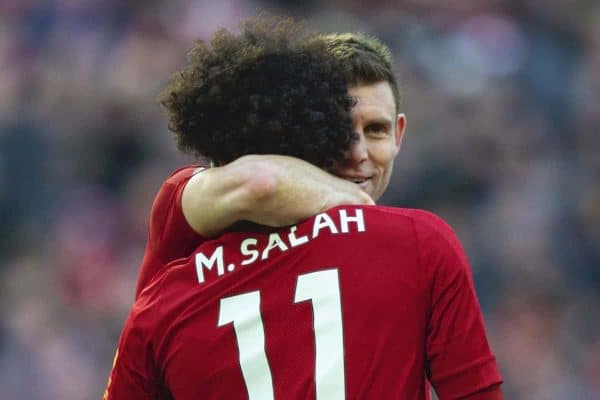 LIVERPOOL, ENGLAND - Saturday, December 14, 2019: Liverpool's Mohamed Salah celebrates scoring the second goal with team-mate James Milner during the FA Premier League match between Liverpool FC and Watford FC at Anfield. (Pic by Richard Roberts/Propaganda)