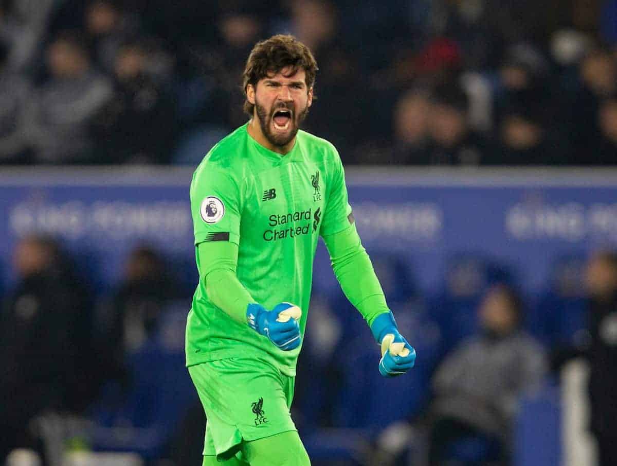 LEICESTER, ENGLAND - Thursday, December 26, 2019: Liverpool's goalkeeper Alisson Becker celebrates his side's first goal during the FA Premier League match between Leicester City FC and Liverpool FC at the King Power Stadium. (Pic by David Rawcliffe/Propaganda)