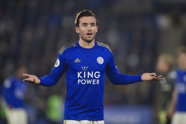 LEICESTER, ENGLAND - Thursday, December 26, 2019: Leicester City's Ben Chilwell complains to the assistant referee during the FA Premier League match between Leicester City FC and Liverpool FC at the King Power Stadium. (Pic by David Rawcliffe/Propaganda)