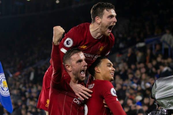 LEICESTER, ENGLAND - Thursday, December 26, 2019: Liverpool's Trent Alexander-Arnold (R) celebrates scoring the fourth goal with team-mates captain Jordan Henderson and Andy Robertson during the FA Premier League match between Leicester City FC and Liverpool FC at the King Power Stadium. Liverpool won 4-0. (Pic by David Rawcliffe/Propaganda)