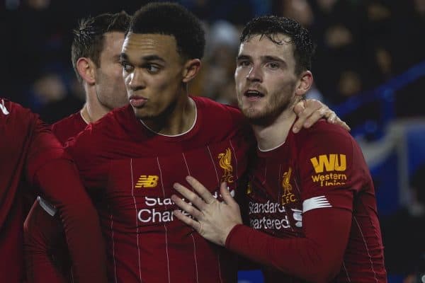 LEICESTER, ENGLAND - Thursday, December 26, 2019: Liverpool's Trent Alexander-Arnold celebrates scoring the fourth goal during the FA Premier League match between Leicester City FC and Liverpool FC at the King Power Stadium. Liverpool won 4-0. (Pic by David Rawcliffe/Propaganda)