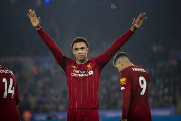 LEICESTER, ENGLAND - Thursday, December 26, 2019: Liverpool's Trent Alexander-Arnold celebrates scoring the fourth goal during the FA Premier League match between Leicester City FC and Liverpool FC at the King Power Stadium. Liverpool won 4-0. (Pic by David Rawcliffe/Propaganda)