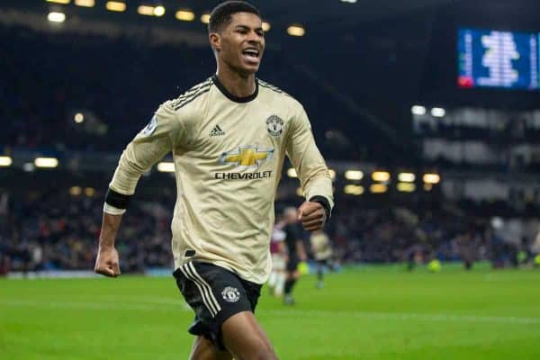 BURNLEY, ENGLAND - Saturday, December 28, 2019: Manchester United's Marcus Rashford celebrates scoring the second goal during the FA Premier League match between Burnley FC and Manchester United FC at Turf Moor. Manchester United won 2-0. (Pic by David Rawcliffe/Propaganda)