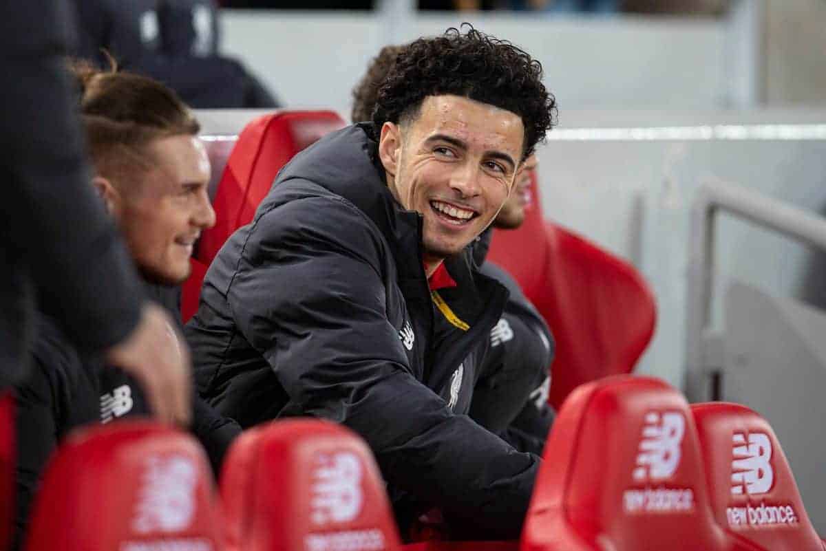 LIVERPOOL, ENGLAND - Sunday, December 29, 2019: Liverpool's substitute Curtis Jones before the FA Premier League match between Liverpool FC and Wolverhampton Wanderers FC at Anfield. (Pic by David Rawcliffe/Propaganda)