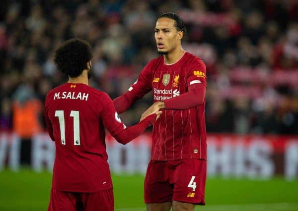 LIVERPOOL, ENGLAND - Sunday, December 29, 2019: Liverpool's Virgil van Dijk (R) and Mohamed Salah before the FA Premier League match between Liverpool FC and Wolverhampton Wanderers FC at Anfield. (Pic by David Rawcliffe/Propaganda)