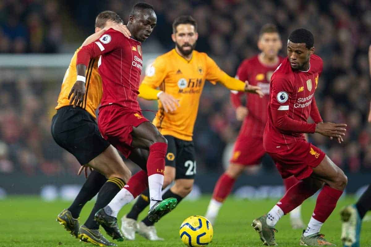 LIVERPOOL, ENGLAND - Sunday, December 29, 2019: Liverpool's Sadio Mané (L) and Georginio Wijnaldum during the FA Premier League match between Liverpool FC and Wolverhampton Wanderers FC at Anfield. (Pic by David Rawcliffe/Propaganda)