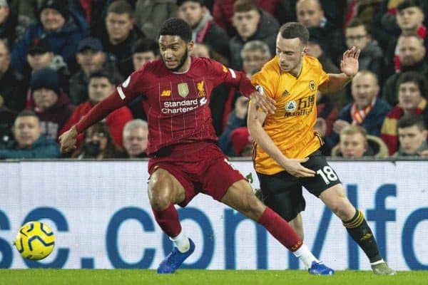 LIVERPOOL, ENGLAND - Sunday, December 29, 2019: Liverpool's Joe Gomez (L) and Wolverhampton Wanderers' Diogo Jota during the FA Premier League match between Liverpool FC and Wolverhampton Wanderers FC at Anfield. (Pic by David Rawcliffe/Propaganda)