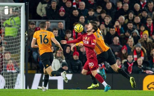 LIVERPOOL, ENGLAND - Sunday, December 29, 2019: Liverpool's Adam Lallana controls the ball before his side's opening goal during the FA Premier League match between Liverpool FC and Wolverhampton Wanderers FC at Anfield. (Pic by David Rawcliffe/Propaganda)