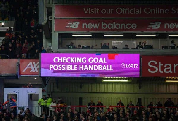 LIVERPOOL, ENGLAND - Sunday, December 29, 2019: Liverpool's scoreboard indicates a VAR review on the opening goal during the FA Premier League match between Liverpool FC and Wolverhampton Wanderers FC at Anfield. (Pic by David Rawcliffe/Propaganda)