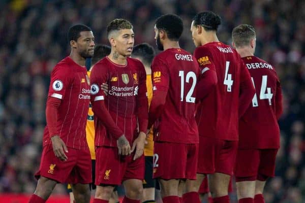 LIVERPOOL, ENGLAND - Sunday, December 29, 2019: Liverpool's Georginio Wijnaldum and Roberto Firmino form a defensive wall during the FA Premier League match between Liverpool FC and Wolverhampton Wanderers FC at Anfield. (Pic by David Rawcliffe/Propaganda)