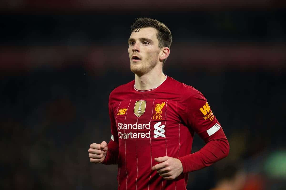 LIVERPOOL, ENGLAND - Sunday, December 29, 2019: Liverpool's Andy Robertson, wearing the gold FIFA Champions badge, during the FA Premier League match between Liverpool FC and Wolverhampton Wanderers FC at Anfield. (Pic by David Rawcliffe/Propaganda)