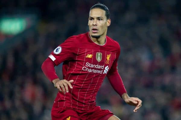 LIVERPOOL, ENGLAND - Sunday, December 29, 2019: Liverpool's Virgil van Dijk, wearing the gold FIFA Champions badge, during the FA Premier League match between Liverpool FC and Wolverhampton Wanderers FC at Anfield. (Pic by David Rawcliffe/Propaganda)