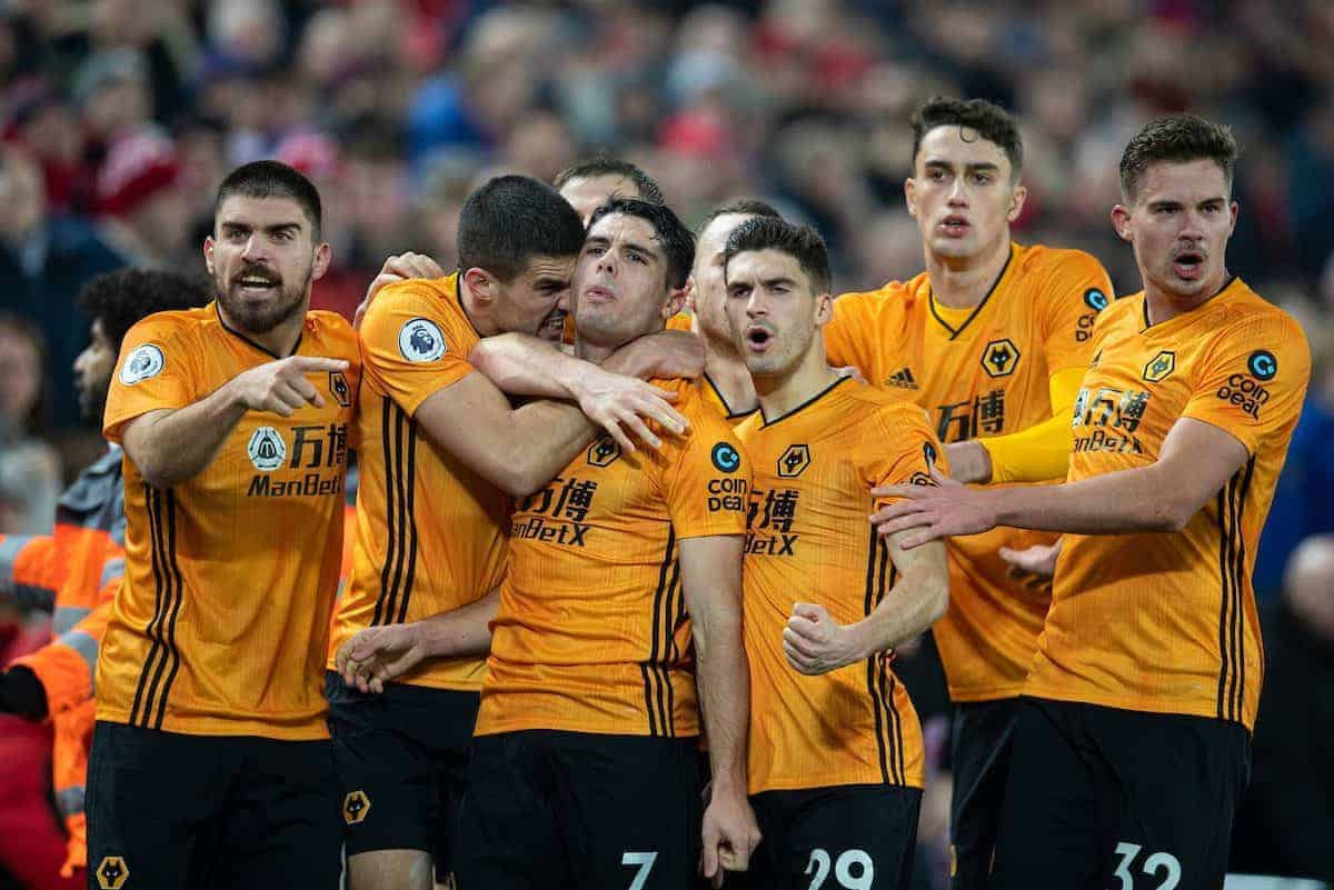 LIVERPOOL, ENGLAND - Sunday, December 29, 2019: Wolverhampton Wanderers' Pedro Neto (#7) enthusiastically celebrates a goal, only for it to be disallowed after a VAR review for offside, during the FA Premier League match between Liverpool FC and Wolverhampton Wanderers FC at Anfield. (Pic by David Rawcliffe/Propaganda)