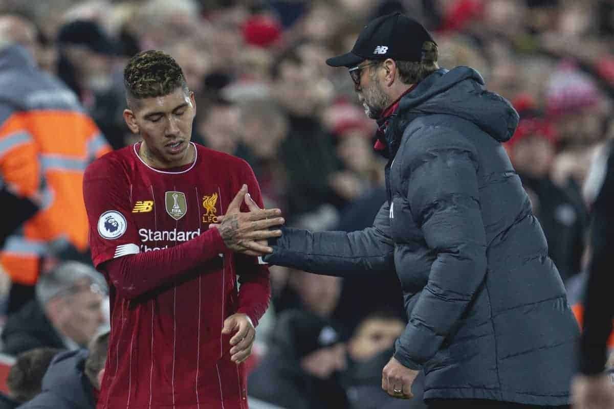 LIVERPOOL, ENGLAND - Sunday, December 29, 2019: Liverpool's Roberto Firmino and manager Jürgen Klopp shake hands during the FA Premier League match between Liverpool FC and Wolverhampton Wanderers FC at Anfield. (Pic by David Rawcliffe/Propaganda)