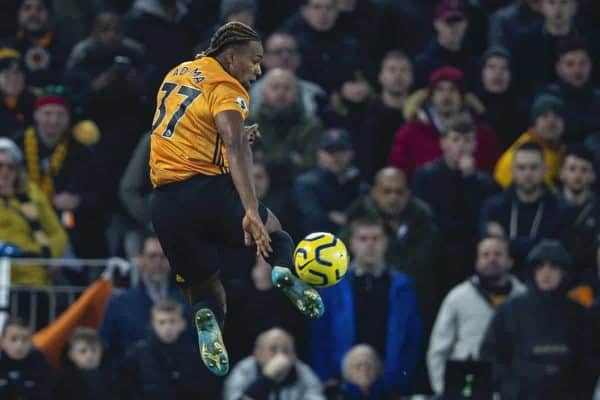 LIVERPOOL, ENGLAND - Sunday, December 29, 2019: Wolverhampton Wanderers' Adama Traoré during the FA Premier League match between Liverpool FC and Wolverhampton Wanderers FC at Anfield. (Pic by David Rawcliffe/Propaganda)