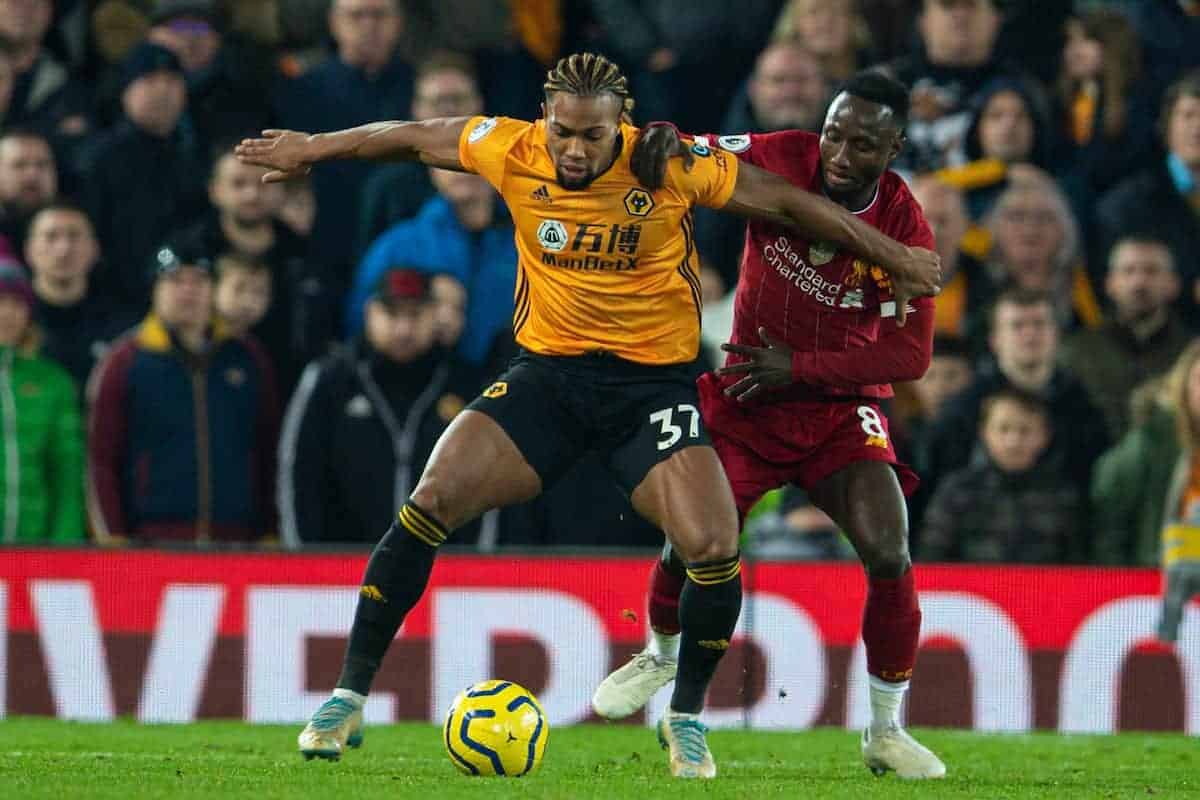 LIVERPOOL, ENGLAND - Sunday, December 29, 2019: Liverpool's Sadio Mané (R) and Wolverhampton Wanderers' Adama Traoré during the FA Premier League match between Liverpool FC and Wolverhampton Wanderers FC at Anfield. (Pic by David Rawcliffe/Propaganda)