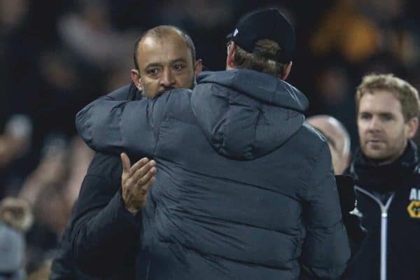 LIVERPOOL, ENGLAND - Sunday, December 29, 2019: Wolverhampton Wanderers' manager Nuno Espírito Santo embraces Liverpool's manager Jürgen Klopp after the FA Premier League match between Liverpool FC and Wolverhampton Wanderers FC at Anfield. Liverpool won 1-0. (Pic by David Rawcliffe/Propaganda)