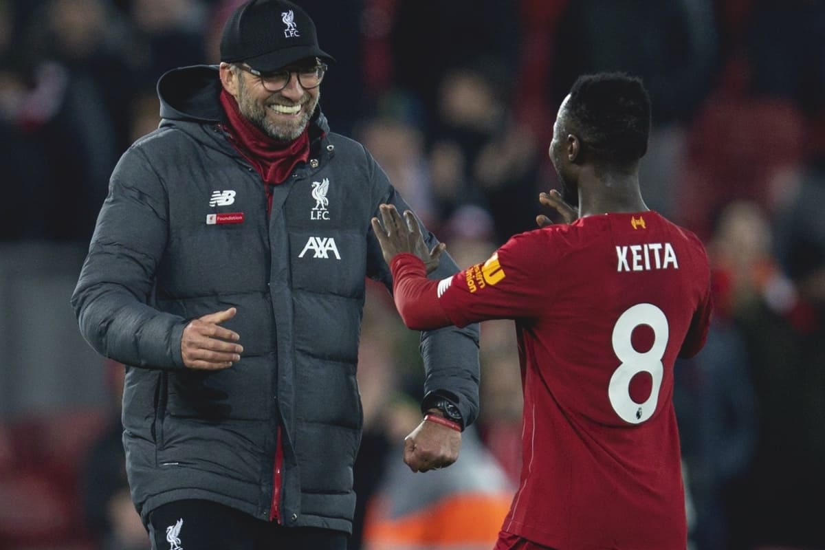 LIVERPOOL, ENGLAND - Sunday, December 29, 2019: Liverpool's manager Jürgen Klopp celebrates with Naby Keita after the FA Premier League match between Liverpool FC and Wolverhampton Wanderers FC at Anfield. Liverpool won 1-0. (Pic by David Rawcliffe/Propaganda)