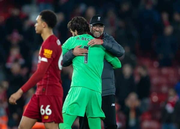 LIVERPOOL, ENGLAND - Sunday, December 29, 2019: Liverpool's manager Jürgen Klopp celebrates with goalkeeper Alisson Becker after the FA Premier League match between Liverpool FC and Wolverhampton Wanderers FC at Anfield. Liverpool won 1-0. (Pic by David Rawcliffe/Propaganda)