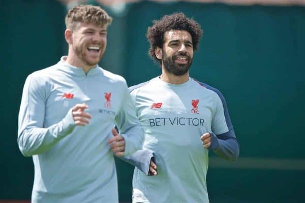 LIVERPOOL, ENGLAND - Tuesday, May 28, 2019: Liverpool's Alberto Moreno (L) and Mohamed Salah during a training session at Melwood Training Ground ahead of the UEFA Champions League Final match between Tottenham Hotspur FC and Liverpool FC. (Pic by David Rawcliffe/Propaganda)