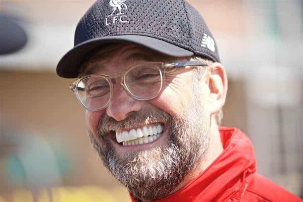 LIVERPOOL, ENGLAND - Tuesday, May 28, 2019: Liverpool's manager Jürgen Klopp speaks to journalists in the mixed zone after a training session at Melwood Training Ground ahead of the UEFA Champions League Final match between Tottenham Hotspur FC and Liverpool FC. (Pic by David Rawcliffe/Propaganda)