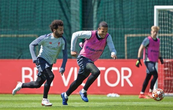 LIVERPOOL, ENGLAND - Tuesday, May 28, 2019: Liverpool's Virgil van Dijk (R) and Mohamed Salah during a training session at Melwood Training Ground ahead of the UEFA Champions League Final match between Tottenham Hotspur FC and Liverpool FC. (Pic by David Rawcliffe/Propaganda)