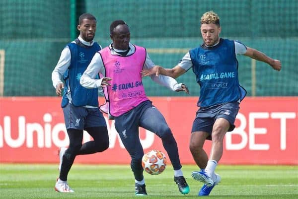 LIVERPOOL, ENGLAND - Tuesday, May 28, 2019: Liverpool's Sadio Mane (C) and Alex Oxlade-Chamberlain (R) during a training session at Melwood Training Ground ahead of the UEFA Champions League Final match between Tottenham Hotspur FC and Liverpool FC. (Pic by David Rawcliffe/Propaganda)