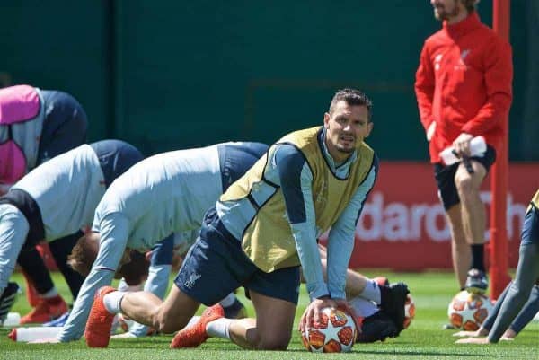 LIVERPOOL, ENGLAND - Tuesday, May 28, 2019: Liverpool's Dejan Lovren during a training session at Melwood Training Ground ahead of the UEFA Champions League Final match between Tottenham Hotspur FC and Liverpool FC. (Pic by David Rawcliffe/Propaganda)