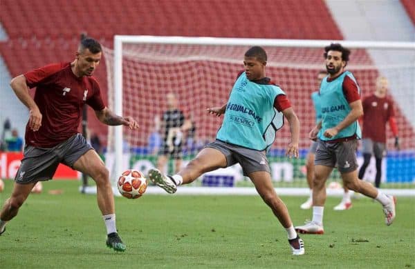 MADRID, SPAIN - Friday, May 31, 2019: Liverpool's Rhian Brewster during a training session ahead of the UEFA Champions League Final match between Tottenham Hotspur FC and Liverpool FC at the Estadio Metropolitano. (Pic by David Rawcliffe/Propaganda)